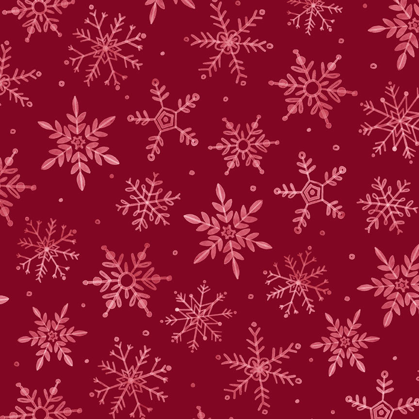 Fabric P & B Textiles Dark Red Snowflakes First Frost 108" Wide Back by the Quarter Yard 6298-DR