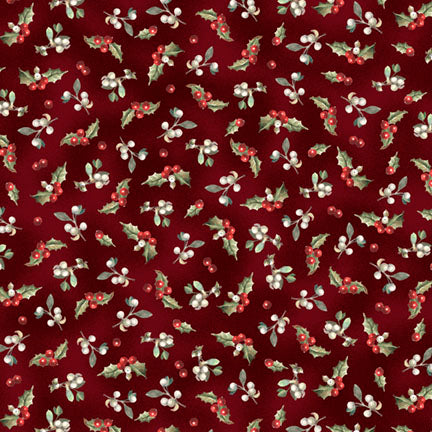 Christmas-themed fabric pattern with holly leaves and berries on a red background