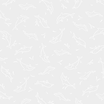 A repeating pattern of white line-drawn dolphins on a light gray background.