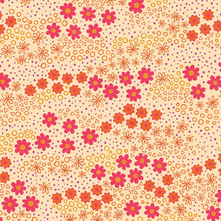 A repeating retro floral pattern featuring pink and orange flowers, orange circles, orange stars, and orange triangles on a warm cream background.