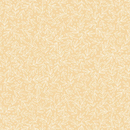 A repeating pattern of delicate white leafy vines and small dots on a warm pale yellow background.