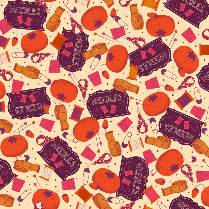 A repeating autumn-themed pattern featuring orange pumpkins, purple labels reading 'NEEDLES', orange yarn spools, pink safety pins, and orange measuring tape on a warm cream background.
