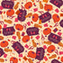 A repeating autumn-themed pattern featuring orange pumpkins, purple labels reading 'NEEDLES', orange yarn spools, pink safety pins, and orange measuring tape on a warm cream background.