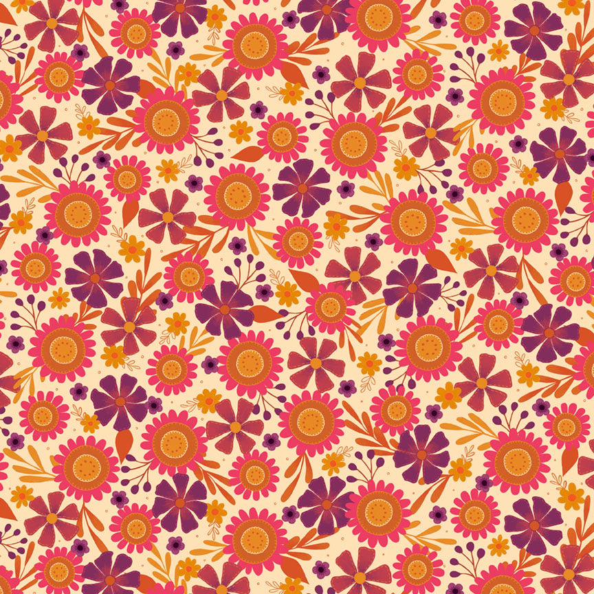 A seamless retro floral pattern featuring pink, purple, orange, and yellow flowers on a warm cream background.