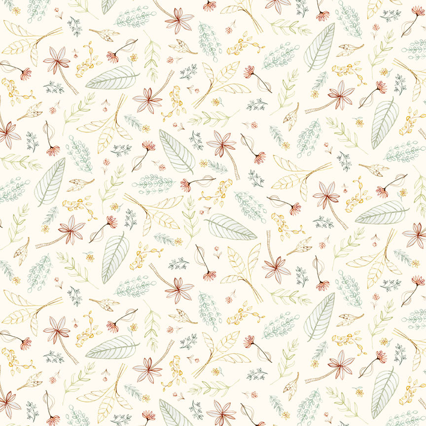 Fabric P & B Textiles Ecru Tossed Leaves Mini Menagerie by the Quarter Yard MMEN6119-E