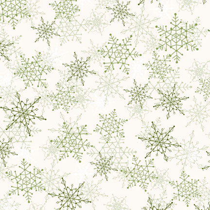 Pattern of green snowflakes on a white background