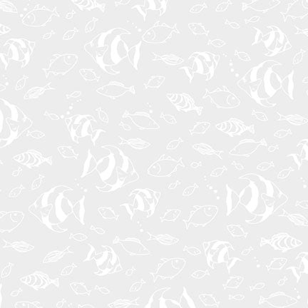 A repeating white fish pattern on a light gray background, with both solid and outlined fish shapes distributed across the surface.