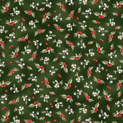 Christmas-themed fabric pattern with holly berries and leaves on a green background