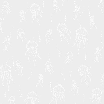A repeating pattern of white jellyfish line drawings on a light gray background, with small white dots and dotted vertical lines throughout.
