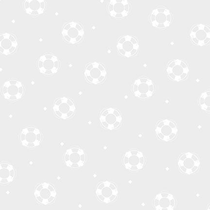 A repeating pattern of white life preserver buoys and small white diamond shapes on a light gray background.