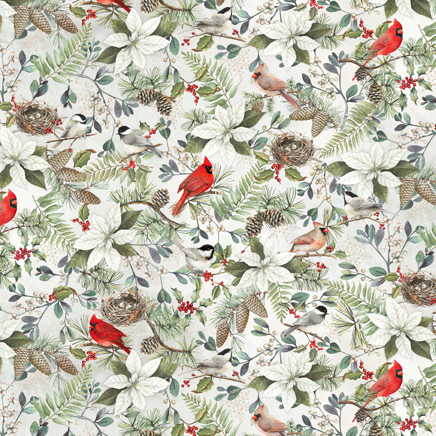 Patterned fabric with birds, flowers, and leaves on a white background