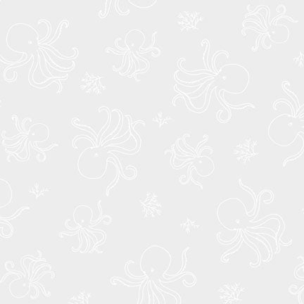 A repeating pattern of delicate white octopus and small floral line drawings on a very light gray background.