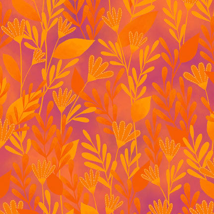 A seamless botanical pattern featuring stylized orange and yellow leaves and flowers on a pink and purple gradient background.
