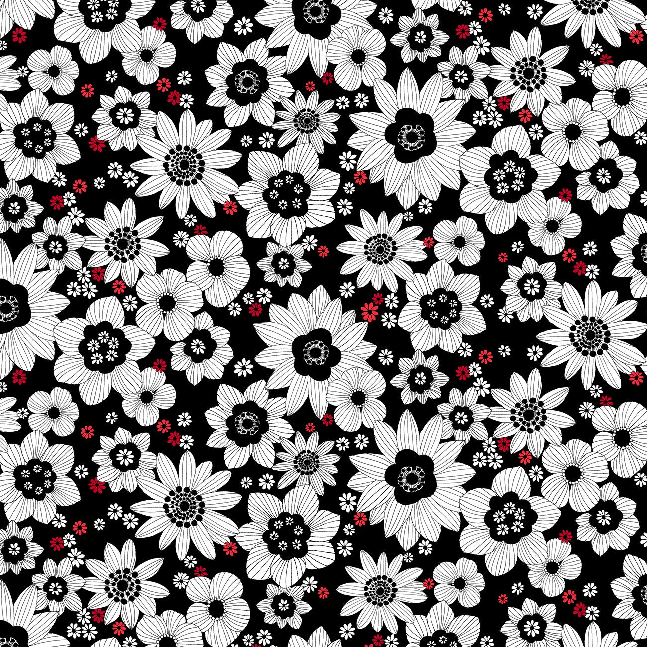 Fabric P & B Textiles Packed Sketchy Flowers Crimson Royale by the Quarter Yard CROY6066-K