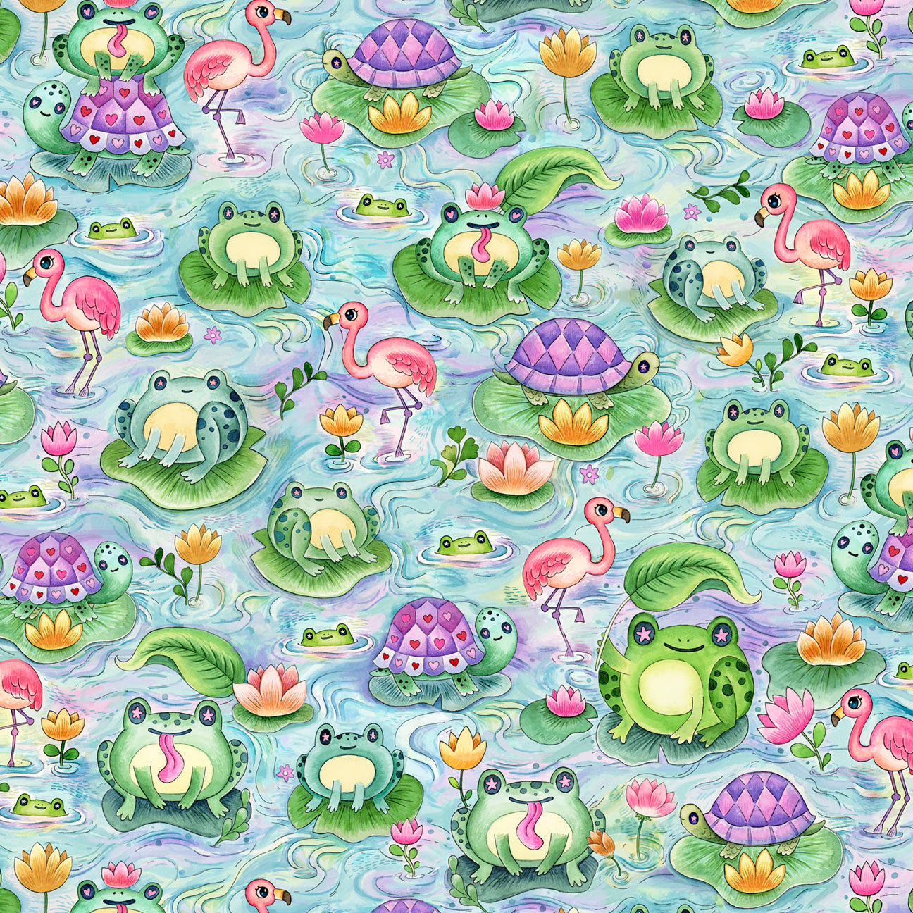 Fabric P & B Textiles Pond Allover Pondside Pals by the Quarter Yard POND-6035-MU