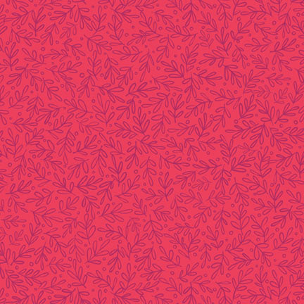 A repeating pattern of small dark purple leafy line drawings over a bright pink background.