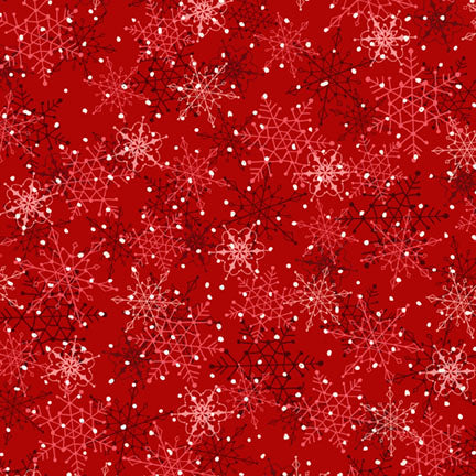 Red fabric with white snowflakes and black lines on a red background