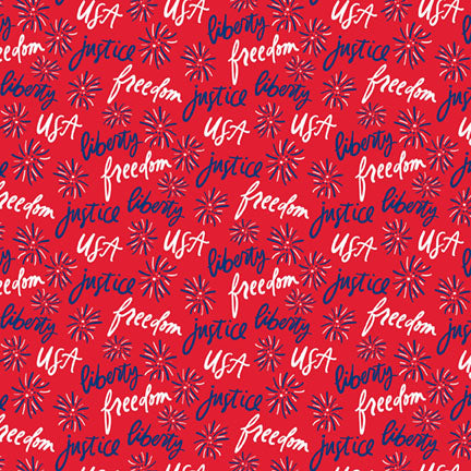Fabric P & B Textiles Red Verbiage and Fireworks Patriotic Minis by the Quarter Yard PMIN6043-R