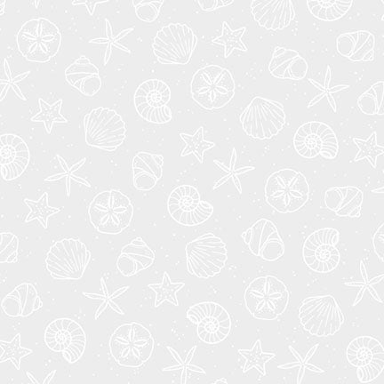 A seamless pattern featuring white hand-drawn illustrations of seashells, starfish, and sand dollars on a light gray background.