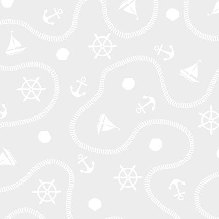 A light gray repeating nautical pattern with white sailboats, anchors, ship wheels, and rope-shaped outlines.