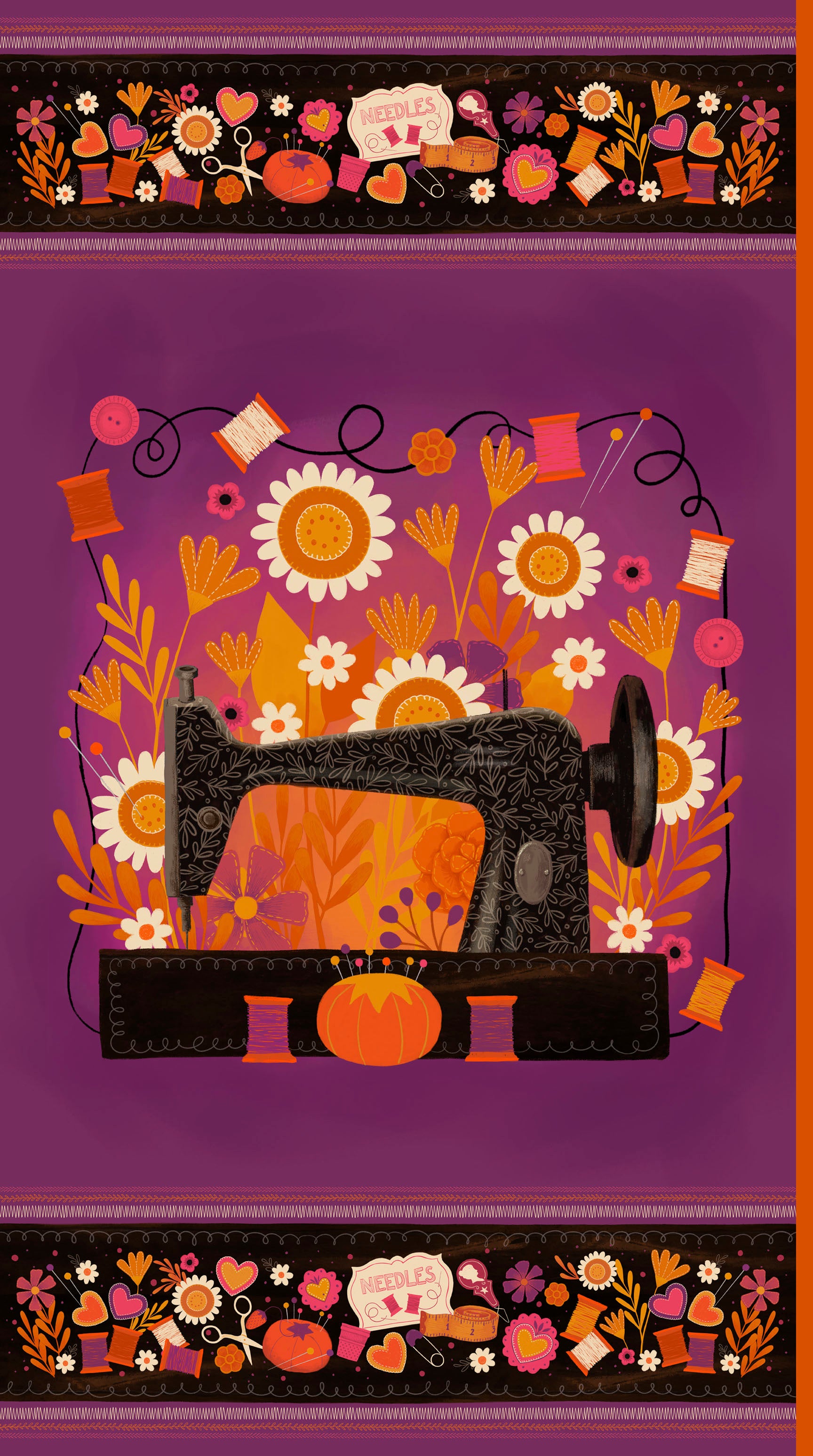 A stylized illustration of a black sewing machine surrounded by orange, yellow, white, and pink flowers, with decorative borders at the top and bottom on a purple background.