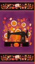 A stylized illustration of a black sewing machine surrounded by orange, yellow, white, and pink flowers, with decorative borders at the top and bottom on a purple background.