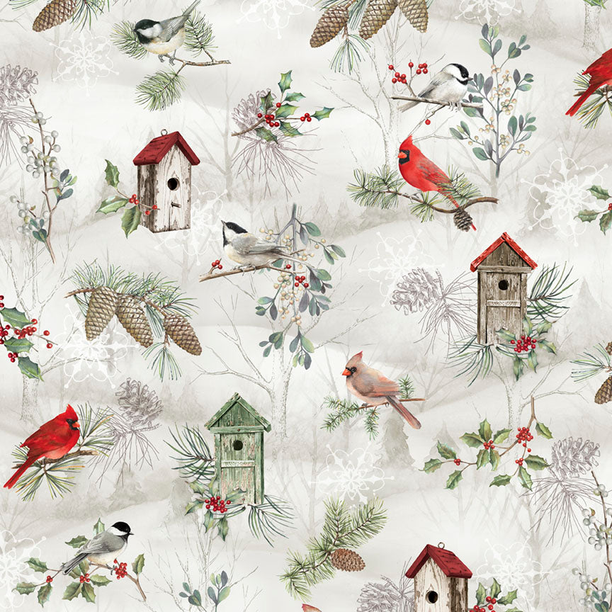 Pattern of birds, birdhouses, and winter elements on a light background