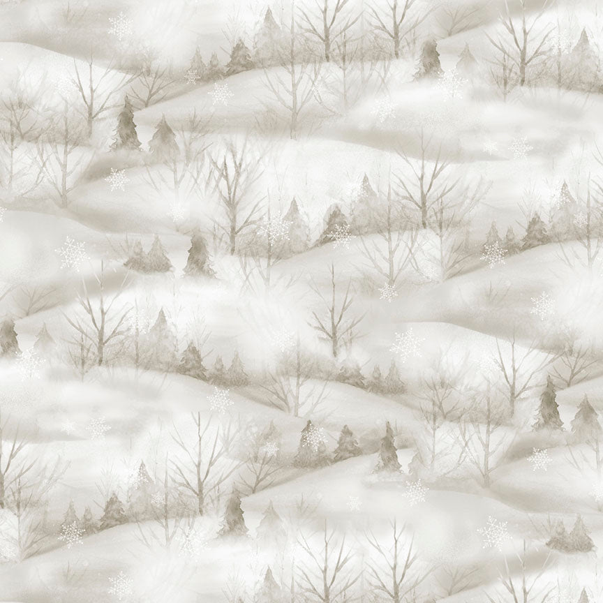 Repeating pattern of a snowy forest landscape with trees and mountains.