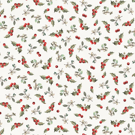 Pattern of holly leaves and berries on a white background