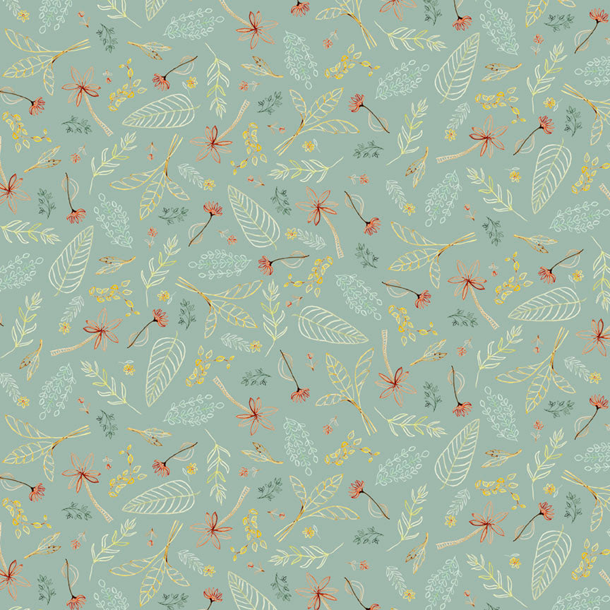 Fabric P & B Textiles Teal Tossed Leaves Mini Menagerie by the Quarter Yard MMEN6119-T