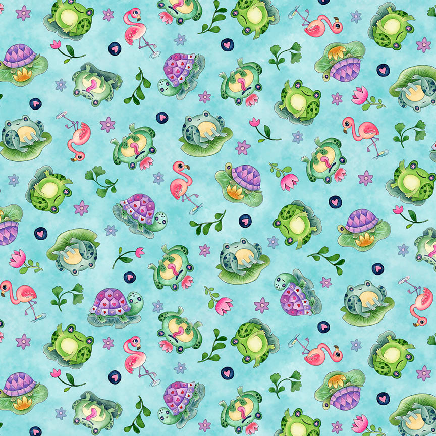 Fabric P & B Textiles Teal Tossed Pals Pondside Pals by the Quarter Yard POND-6036-T