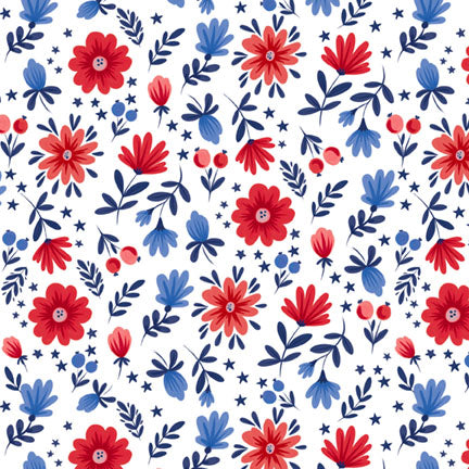 Fabric P & B Textiles White Modern Floral Patriotic Minis by the Quarter Yard PMIN6053-W