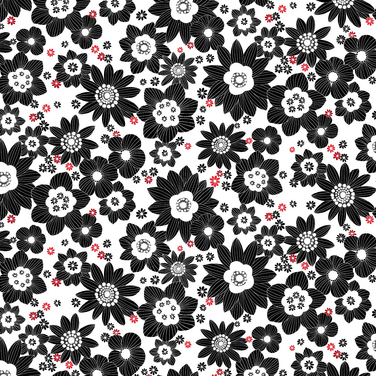 Fabric P & B Textiles White Packed Sketchy Flowers Crimson Royale by the Quarter Yard CROY6066-W