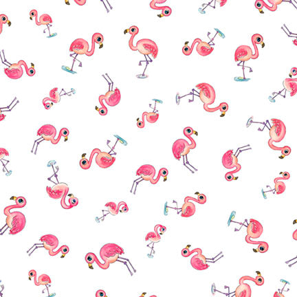 Fabric P & B Textiles White Tossed Flamingos Pondside Pals by the Quarter Yard POND-6037-W