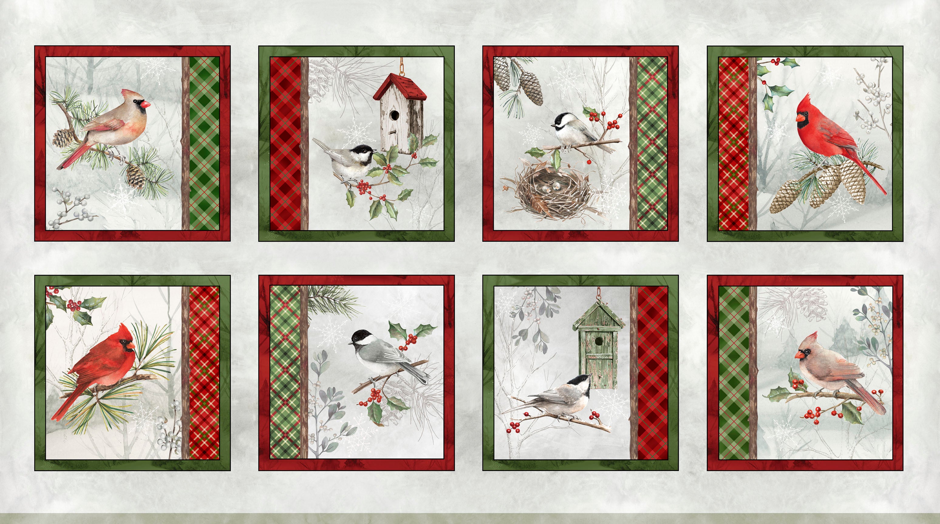 Set of nine fabric illustrations featuring birds and nature scenes on a white background.