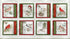 Set of nine fabric illustrations featuring birds and nature scenes on a white background.