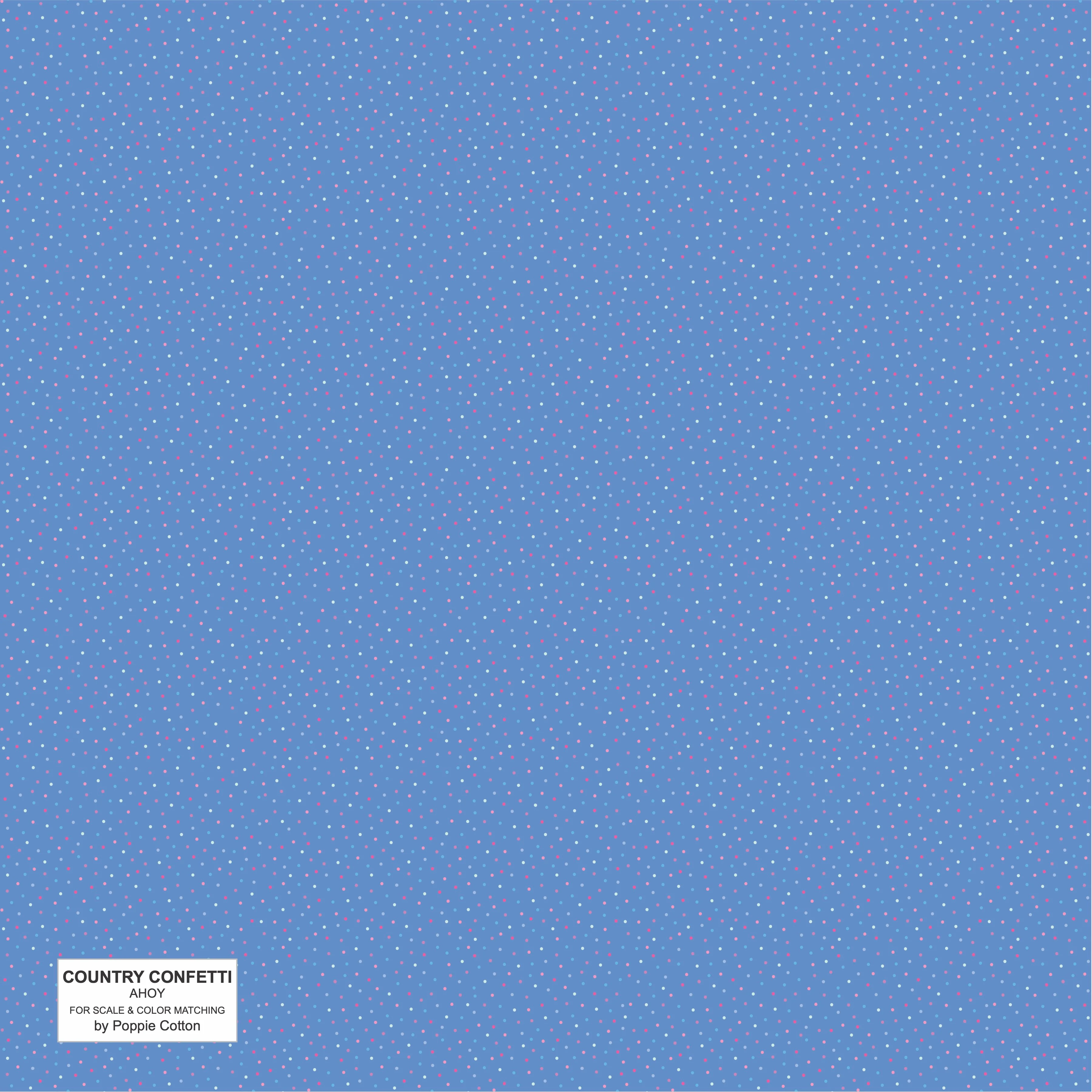 Blue background with red and white confetti pattern, featuring 'Country Confetti' branding.