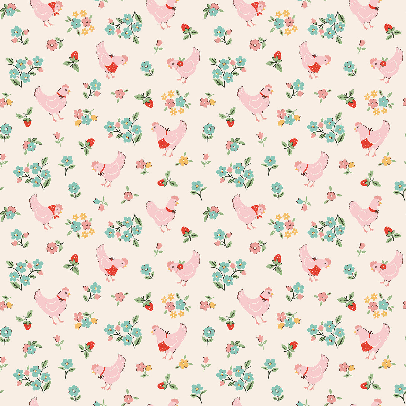 Fabric Poppie Cotton Natural Spring Chicken Farmhouse Fancy by the Quarter Yard FH25958