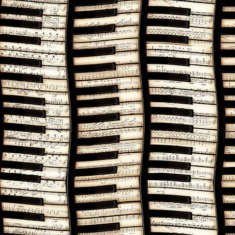 A close-up repeating pattern of vintage piano keys and sheet music, shown in warm sepia tones with black and cream tones.