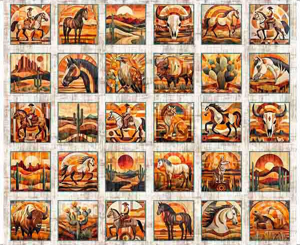 A square wall-hanging or tapestry featuring a 5x5 grid of western-themed paintings, each square showing a different horse, bull, cowboy, cactus, and desert landscape in warm earthy tones.