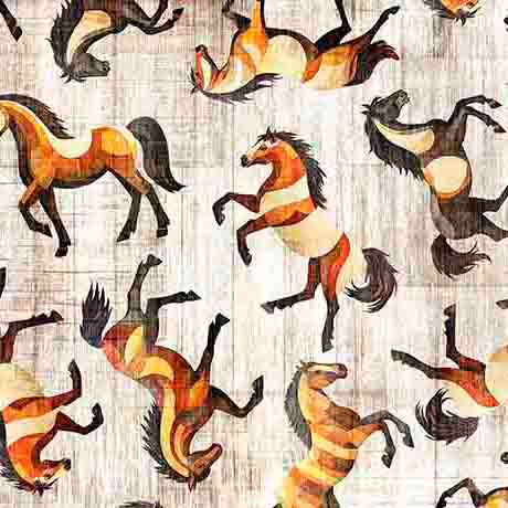 A repeating pattern of stylized horses in orange, cream, black, and brown on a light beige textured background.