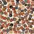 A dense arrangement of vintage-style decorative letter tiles in warm brown, beige, black, and muted gold tones on a light textured background.