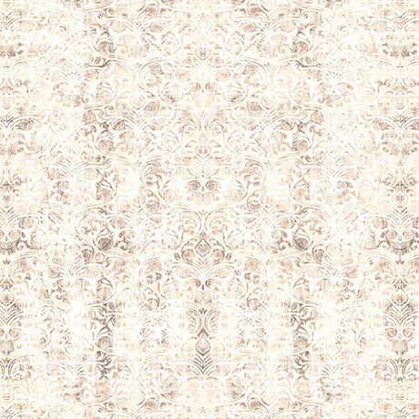 A repeating damask-style ornamental fabric in warm beige, cream, and light taupe tones, shown as a full-frame close-up
