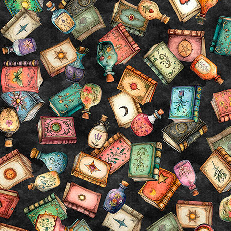 Colorful pattern of vintage books and bottles on a dark background