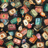 Colorful pattern of vintage books and bottles on a dark background