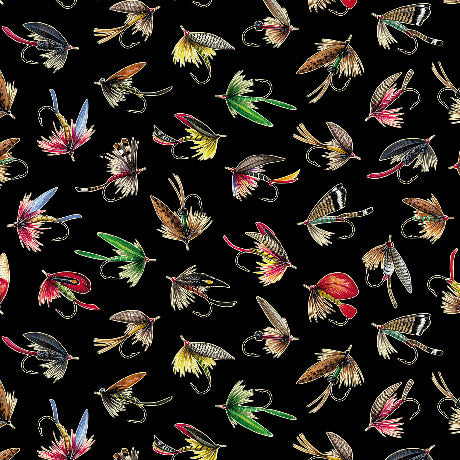Colorful fishing lures pattern on a black background