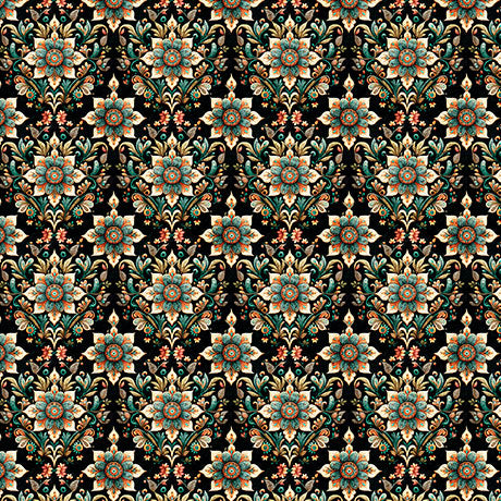 A seamless vintage-style floral pattern featuring ornate flowers and leaves in teal, gold, and coral on a black background.