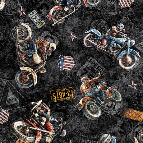 Fabric QT Black Grunge Biker Toss Stars Stripes & Steel by the Quarter Yard 31696-J