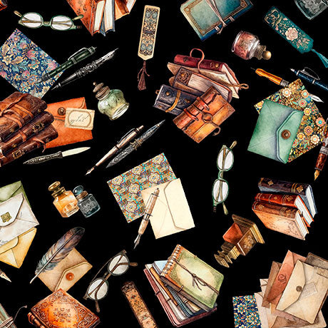 Collage of vintage items including books, glasses, and writing instruments on a black background