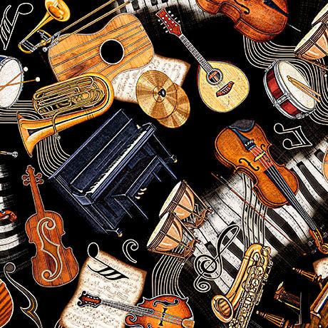 A repeating pattern of illustrated musical instruments on a black background, including violins, guitars, a piano, drums, brass instruments, sheet music, and musical notes.